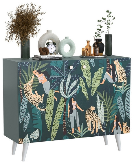 Либера Комод-тумба 16.230.01, цвет пасифай/белый, ШхГхВ 115,3х42,6х92,3 см., фасады с рисунком Тропический лес, две дверки