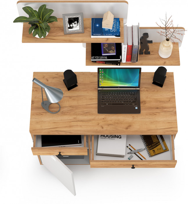 Вуди Стол письменный 12.42 + 2хПолка 15.46, цвет белый премиум/дуб крафт золотой, ШхГхВ 110х52,7х180 см., универсальная сборка