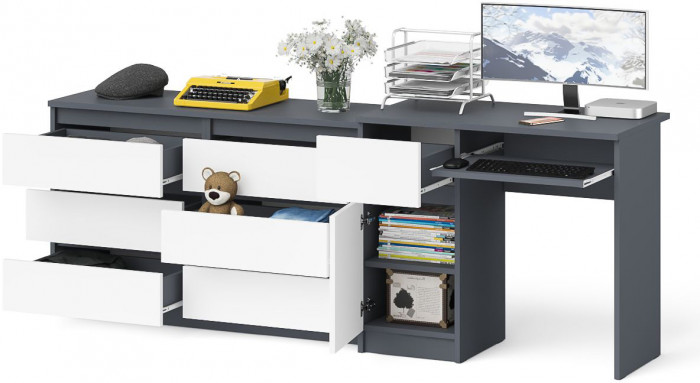 Мори Стол компьютерный МС-1 левый + Комод МК1200.6, цвет графит/белый, ШхГхВ 210,4х50х76,6 см., выдвижной ящик слева, НЕ универсальная сборка