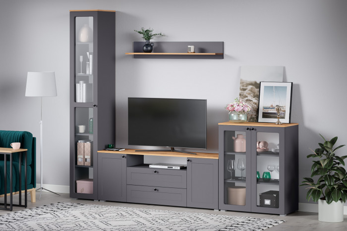 Остин 16.394.03 Шкаф-витрина(пенал), серый графит/дуб крафт золотой