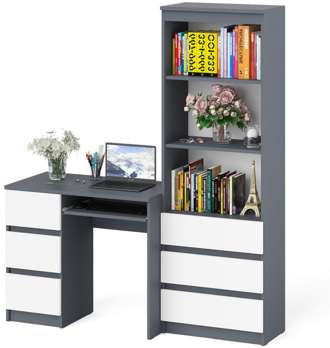 Мори Стол компьютерный МС-6 левый + Стеллаж МСТ600.3, цвет графит/белый, ШхГхВ 150,4х50х179,6 см., выдвижные ящики слева, НЕ универсальная сборка