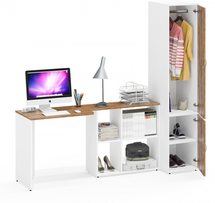 Лидер-8 Стол + Пенал МД 23Б, белый шагрень/крафт золото