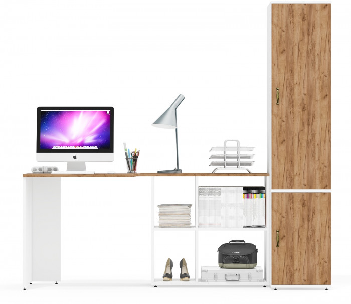 Лидер-8 Стол + Пенал МД 23Б, белый шагрень/крафт золото