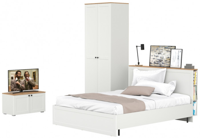 Остин 11.53 Кровать + ортопед + 13.336.02 Шкаф для одежды + 13.257 Тумба, белый шагрень/дуб крафт золотой