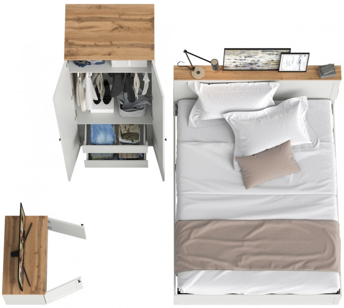 Остин 11.53 Кровать + ортопед + 13.336.02 Шкаф для одежды + 13.257 Тумба, белый шагрень/дуб крафт золотой