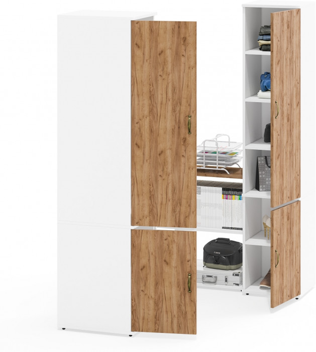 Лидер-8 Пенал МД 23Б + Стол + Пенал 22Б, цвет белый шагрень/крафт золото, ШхГхВ 245х50/37,5х75/190 или 155х120/50х75/190 см., НЕ универсальная сборка