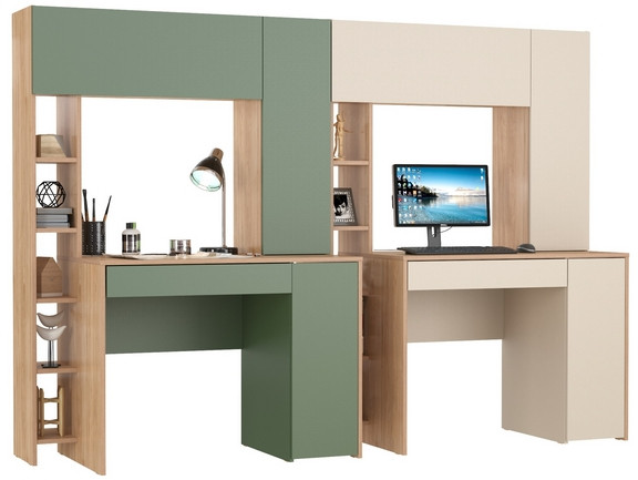 Два стола компьютерных Комфорт 12.71, цвет гикори рокфорд натуральный/дымчатый зелёный/гикори рокфорд натур./сатин, 233,4х60,2х165,4 см., НЕ ун. сб.