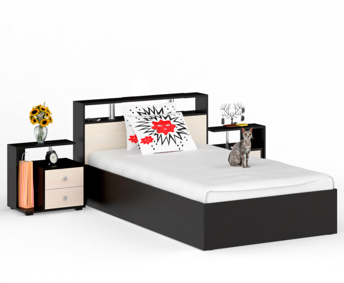 Камелия Кровать 1200 + две тумбы, цвет венге/дуб лоредо, ШхГхВ 236х217х78,2 см., сп.м. 1200х2000 мм., без матраса, основание есть