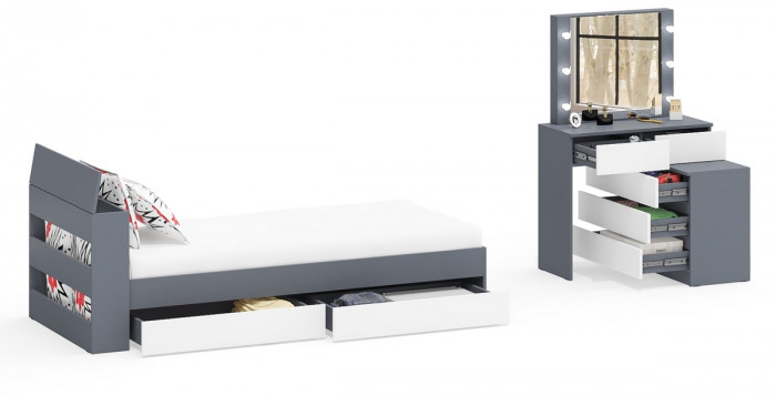 Ксения Кровать с ящиками 0900 + Стол косметический с подсветкой 110, графит/белый