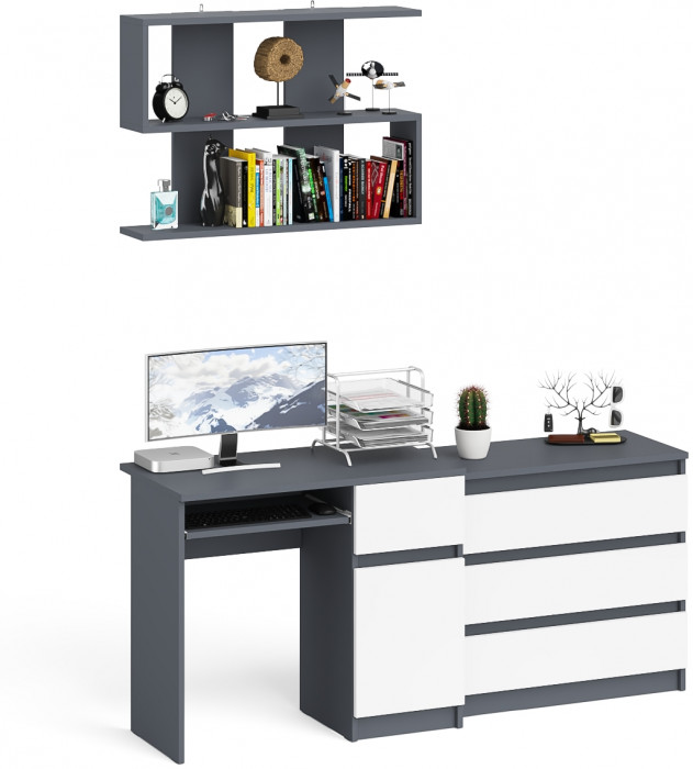 Мори компьютерный стол МС-1 правый + Комод МК800.1 + Полка 900, графит/белый