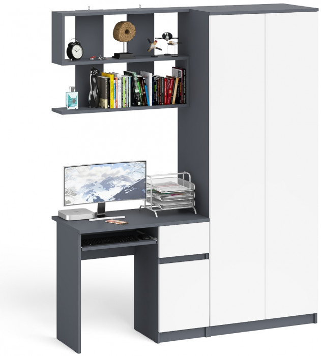 Мори компьютерный стол МС-1 правый + Шкаф МШ800.1 + Полка 900, графит/белый