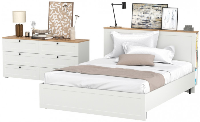 Остин 11.53 Кровать + ортопед + 16.240 Комод, белый шагрень/дуб крафт золотой