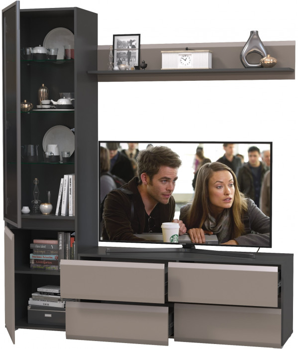 Сидней Комплектация № 048, цвет корпус: антрацит/фасады: МДФ веллюто капучино, ШхГхВ 179,9х41,3х205,2 см., ниша для ТВ 129х41х98 см., универс. сборка