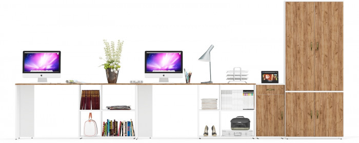 Лидер-8 Стол + Стол + Шкаф МД 20Б + Тумба МД 3.15, белый шагрень/крафт золото