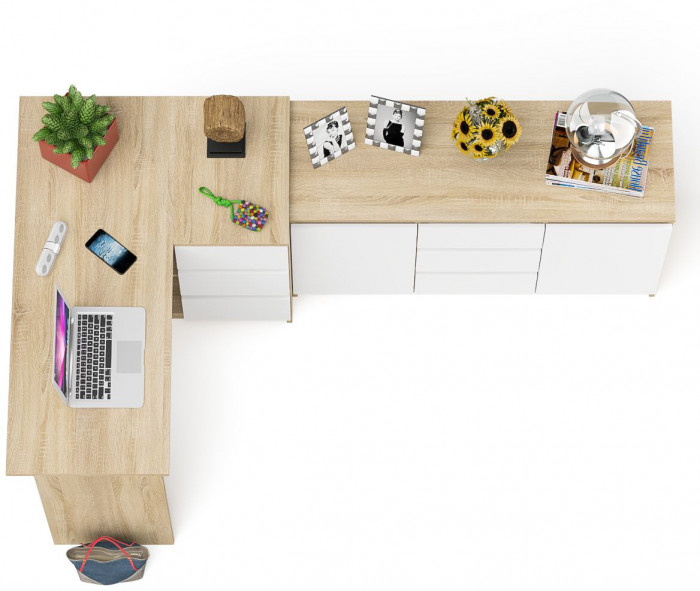 Мори компьютерный стол МС-16 правый + Комод МК1200.3, дуб сонома/белый