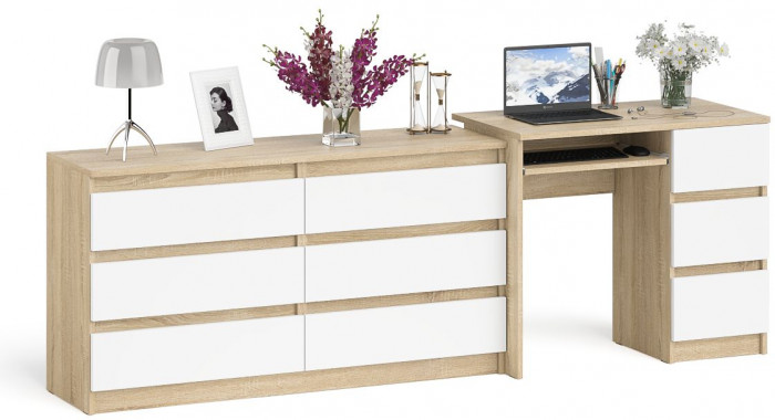 Мори Стол компьютерный МС-6 правый + Комод МК1380.6, цвет дуб сонома/белый, ШхГхВ 228х50х76,6 см., выдвижные ящики справа, НЕ универсальная сборка