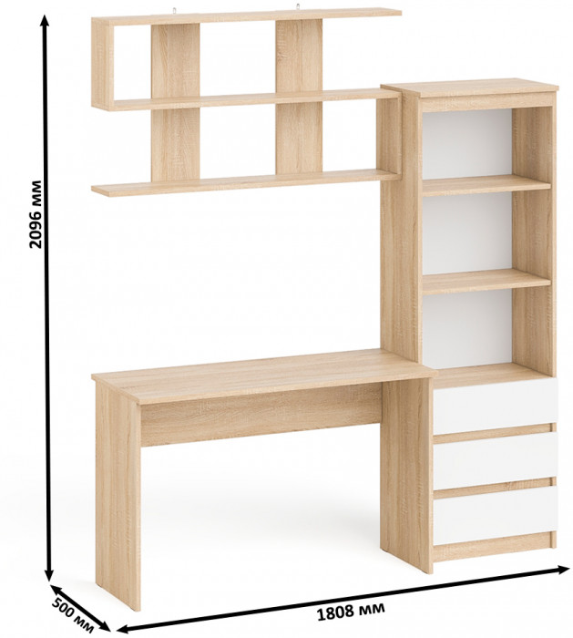 Мори Стол письменный МСП1200.1 + Стеллаж МСТ600.3 + Полка 1200, цвет дуб сонома/белый, ШхГхВ 180,8х50х209,6 см., универсальная сборка