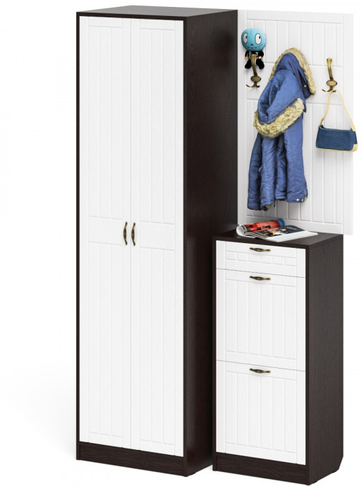 Прихожая П-6 Компоновка № 18, цвет венге/фасады МДФ белое дерево фрезеровка прованс, ШхГхВ 120х50х210 см., универсальная сборка