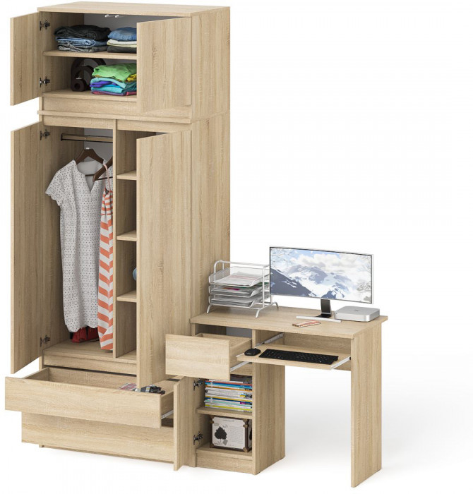 Мори компьютерный стол МС-1 левый + Шкаф МШ900.1 + Антресоль МА900.1, дуб сонома