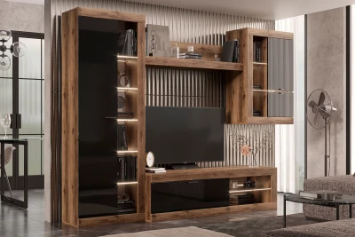 Прага Модульная Гостиная, вариант №5, Дуб Делано/Черный глянец