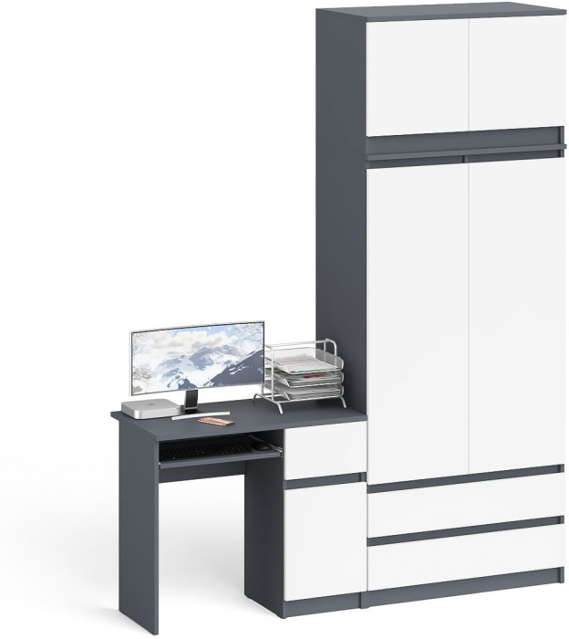 Мори Стол компьютерный МС-1 правый + Шкаф МШ900.1 + Антресоль МА900.1, цвет графит/белый, ШхГхВ 180,4х50,4х234,2 см., выдвиж. ящик справа, НЕ ун. сб.