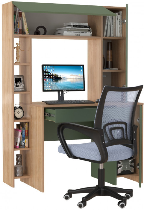 Стол компьютерный Комфорт 12.71 + кресло 103 серое, цвет гикори рокфорд натуральный/дымчатый зелёный, ШхГхВ 116,7х60,2х165,4 см., НЕ ун. сборка