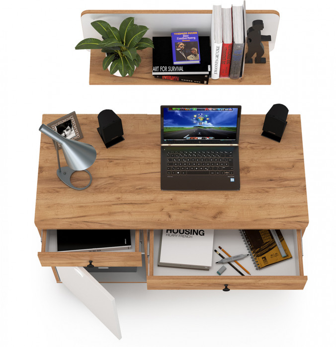 Вуди Стол письменный 12.42 + Полка 15.46, цвет белый премиум/дуб крафт золотой, ШхГхВ 110х52,7х170 см., универсальная сборка