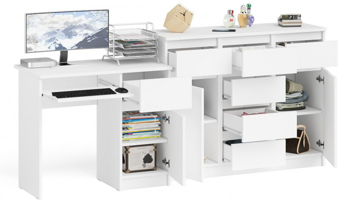 Мори Стол компьютерный МС-1 правый + Комод МК1200.4, цвет белый, ШхГхВ 210,4х50х94 см., выдвижной ящик справа, НЕ универсальная сборка