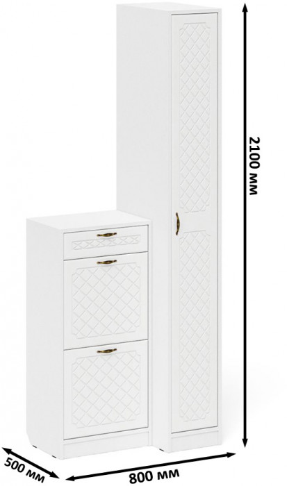 Прихожая П-6 Компоновка № 42, цвет белая шагрень/фасады МДФ белое дерево фрезеровка ромб, ШхГхВ 80х50х210 см., универсальная сборка