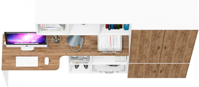 Лидер-8 Стол + Полка + Пенал МД 21Б + Пенал МД 21Б, белый шагрень/крафт золото