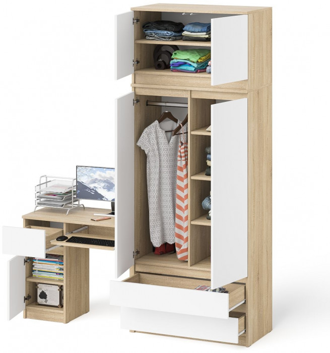 Мори компьютерный стол МС-1 левый + Шкаф МШ900.1 + Антресоль МА900.1, дуб сонома/белый