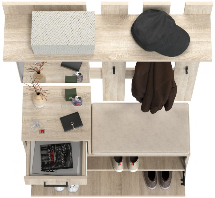 Лира ГК Прихожая 1 2-0714+2-3814 Тумба под обувь + Вешалка с зеркалом, цвет дуб сонома, ШхГхВ 100х33х185 см., универсальная сборка