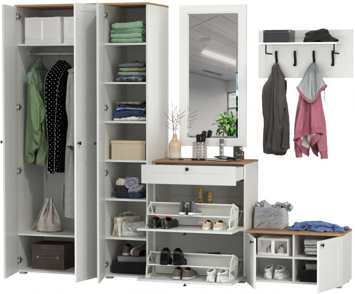 Остин Прихожая 49, цвет белый шагрень/дуб крафт золотой, ШхГхВ 280х54,3х229,6 см., универсальная сборка