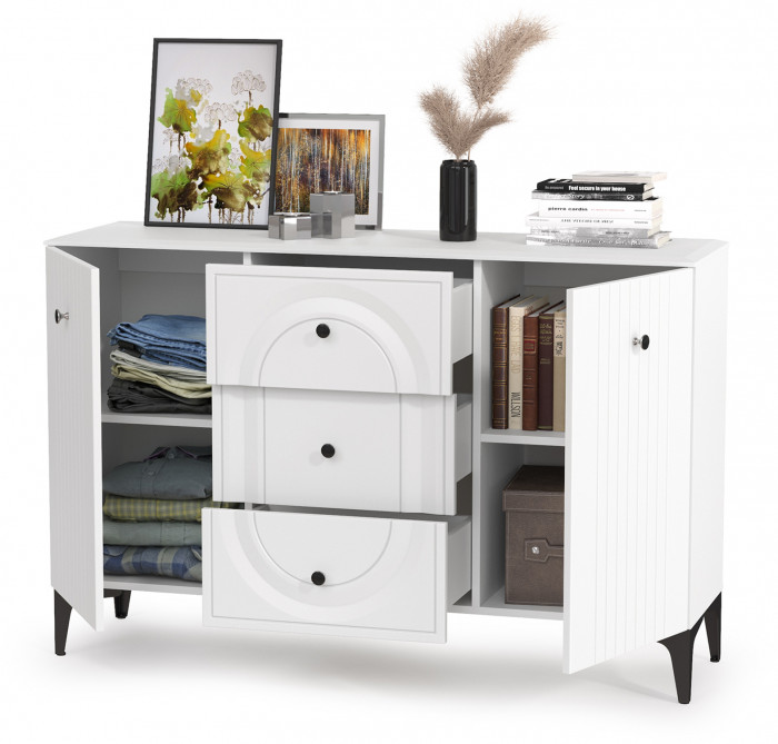 Валенсия Спальня 13.309 Комод, цвет ЛДСП белый шагрень/МДФ белый шагрень, ШхГхВ 133,2х38,4х87,5 см.