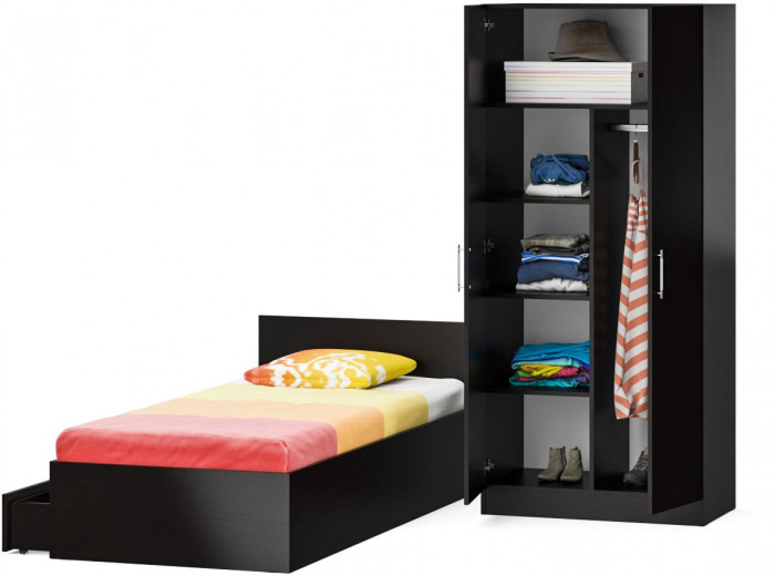 Кровать с ящиками 0900 + Шкаф 2-х створчатый Стандарт, цвет венге, ШхГхВ 93,5х203,5х70 + 90х52х200 см., сп.м. 900х2000 мм., б/м, основание есть