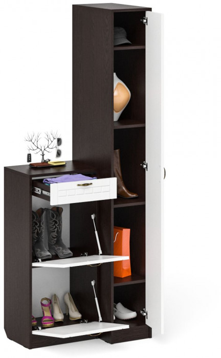 Прихожая П-6 Компоновка № 42, цвет венге/фасады МДФ белое дерево фрезеровка прованс, ШхГхВ 80х50х210 см., универсальная сборка