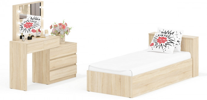 Ксения Кровать с ящиками 0900 + Стол косметический с подсветкой 110, дуб сонома
