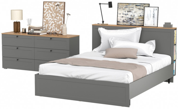 Остин 11.53 Кровать + ортопед + 16.240 Комод, серый графит/дуб крафт золотой