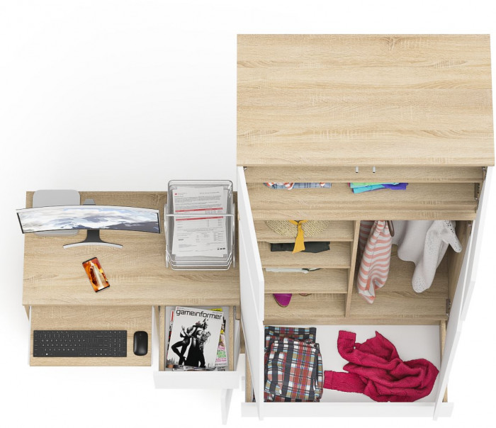 Мори Стол компьютерный МС-1 правый + Шкаф МШ900.1 + Антресоль МА900.1, цвет дуб сонома/белый, ШхГхВ 180,4х50,4х234,2 см., выдв. ящ. справа, НЕ ун. сб.