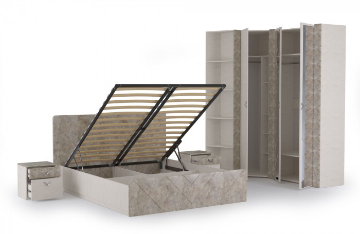 Амели Спальня № 6 Две тумбочки + Кровать 11.31 + под. ортопед + Шкафы 13.140 + 13.131 + 13.133, цвет шёлк. камень/бетон чикаго беж, 1600х2000 мм, б/м