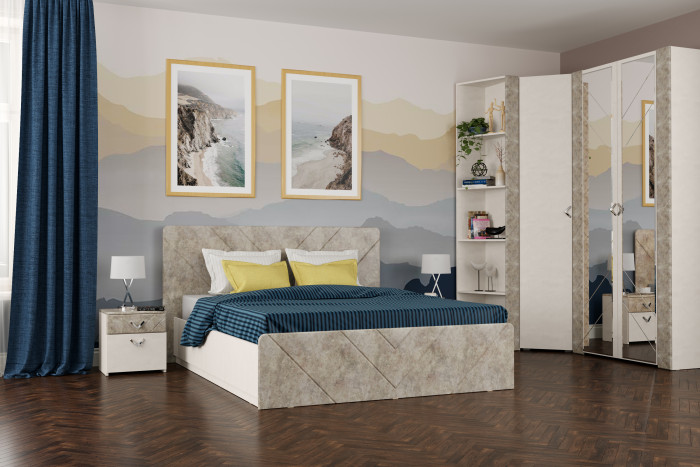 Амели Спальня № 6 Две тумбочки + Кровать 11.31 + под. ортопед + Шкафы 13.140 + 13.131 + 13.133, цвет шёлк. камень/бетон чикаго беж, 1600х2000 мм, б/м