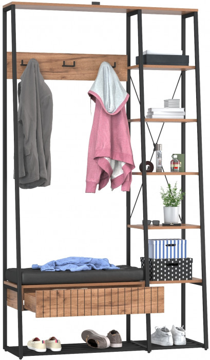 Гранд 15.124N Прихожая, цвет дуб крафт табачный/искуственная кожа чёрная, ШхГхВ 116х38,6х203,4 см., универс. сборка, съёмные решётки для обуви, ящик