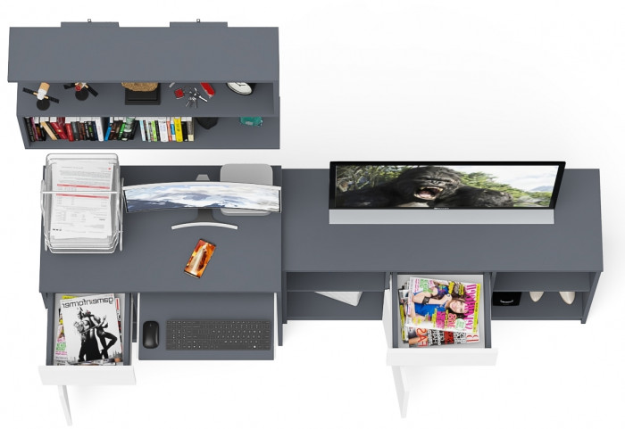 Мори Стол компьютерный МС-1 левый + Тумба МТВ1204.1 + Полка 900, цвет графит/белый, ШхГхВ 210,4х50х209,6 см., НЕ универсальная сборка