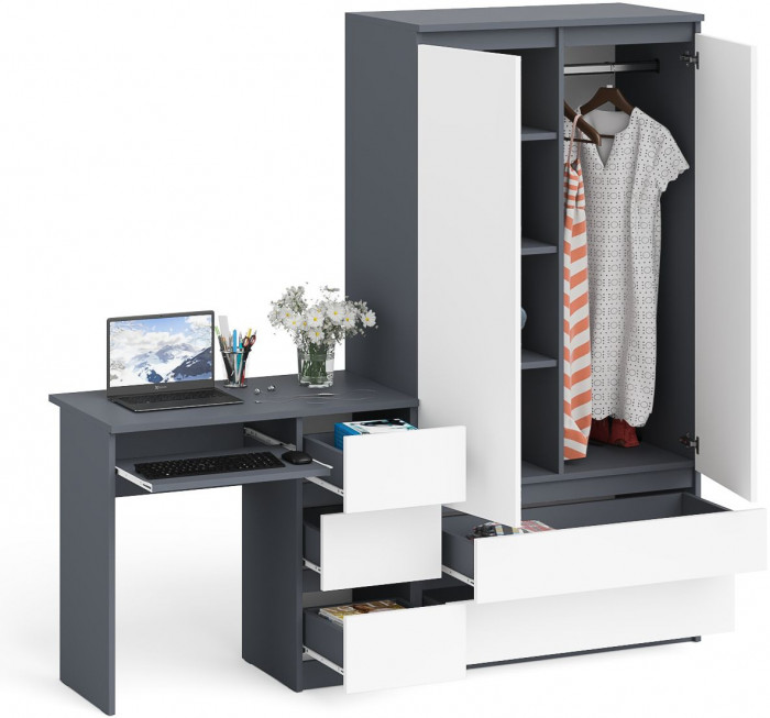 Мори Стол компьютерный МС-6 правый + Шкаф МШ900.1, цвет графит/белый, ШхГхВ 180,4х50,4х179,6 см., выдвижные ящики справа, НЕ универсальная сборка