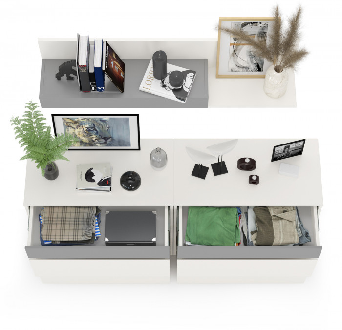 Торонто 13.321 Комод + 13.321 Комод + 16.475 Полка, белый шагрень/стальной серый