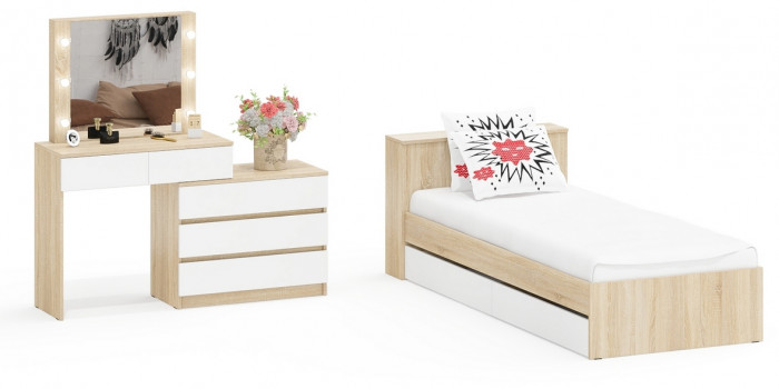 Ксения Кровать с ящиками 0900 + Стол косметический с подсветкой 110, дуб сонома/белый
