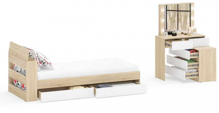 Ксения Кровать с ящиками 0900 + Стол косметический с подсветкой 110, дуб сонома/белый