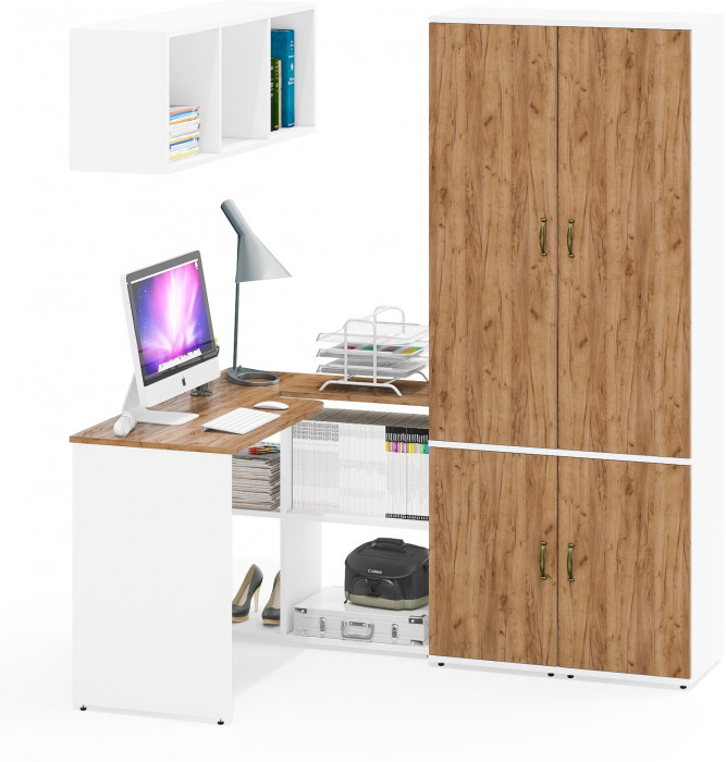 Лидер-8 Стол + Полка + Пенал МД 22Б + Пенал МД 22Б, белый шагрень/крафт золото