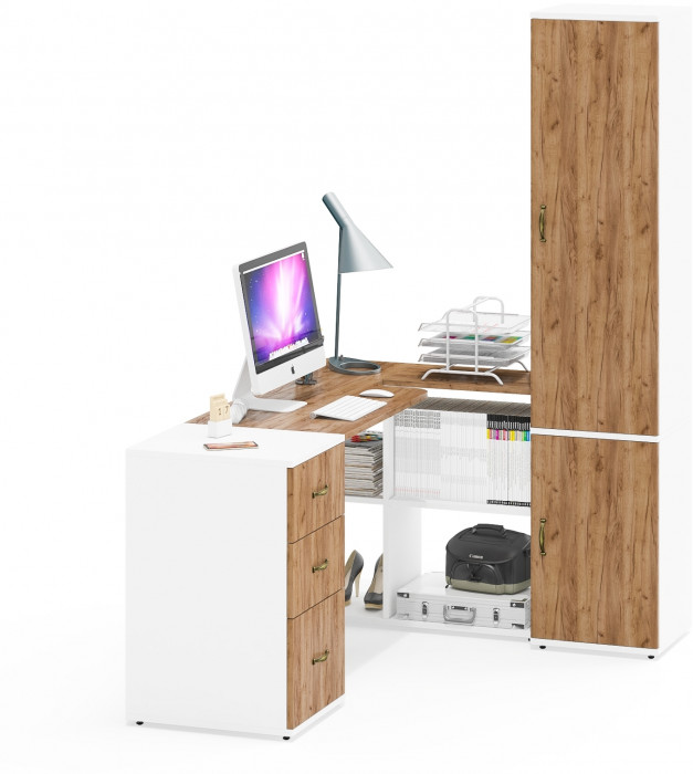 Лидер-8 Стол + Тумба МД 3.16 + Пенал МД 22Б, белый шагрень/крафт золото