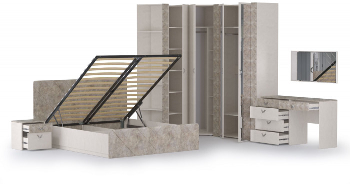 Амели Спальня № 7 13.106 + 12.48 + 03.240 + Шкафы 08.49 + 13.133 + 13.131 + 13.140 + Кровать 11.31 + под. ортопед + Тумбочка, 1600х2000 мм, б/м